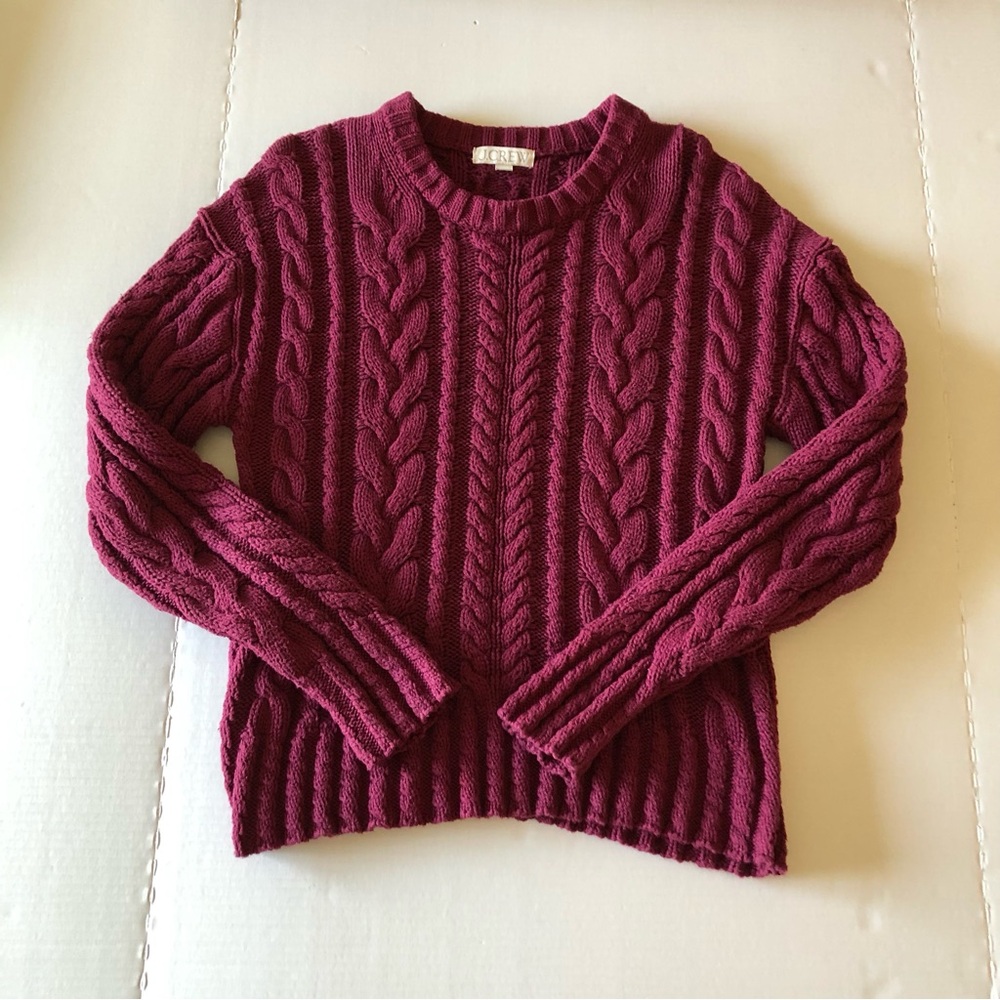 J Crew 100% Cotton Cable Knit Sweater Crew Neck Pullover Stretch Burgundy Size S